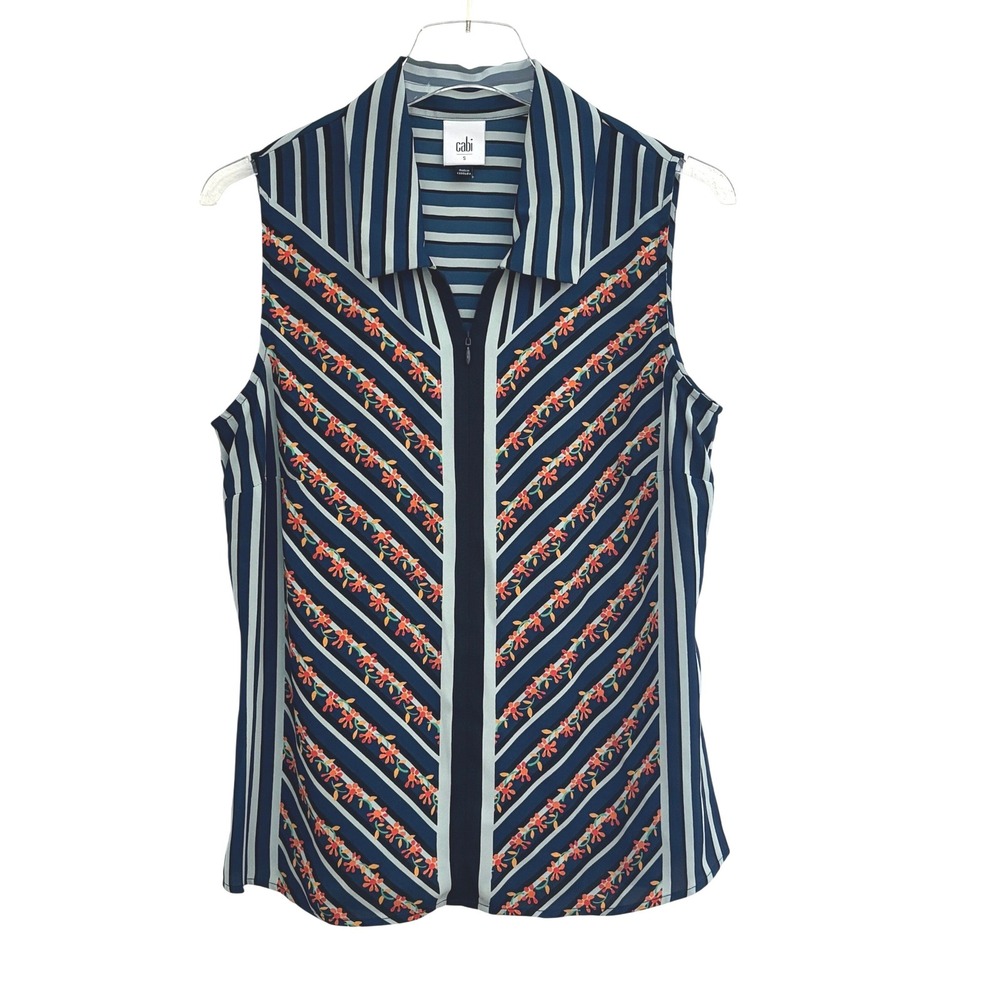 Cabi Sleeveless Striped Floral Embroidered Zipper Blouse Shirt Womens S -‎ B7